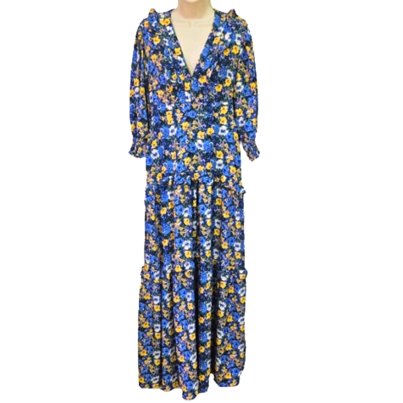 Code x Mode Blue/Yellow Multi-Color Floral Prairie Core Ruffle Maxi Dress, Large - Picture 12 of 16
